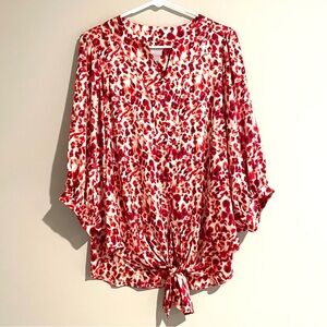 Chico’s Size 1 Women Shirt Blouse Top Red White Print 3/4 Sleeves Front Tie